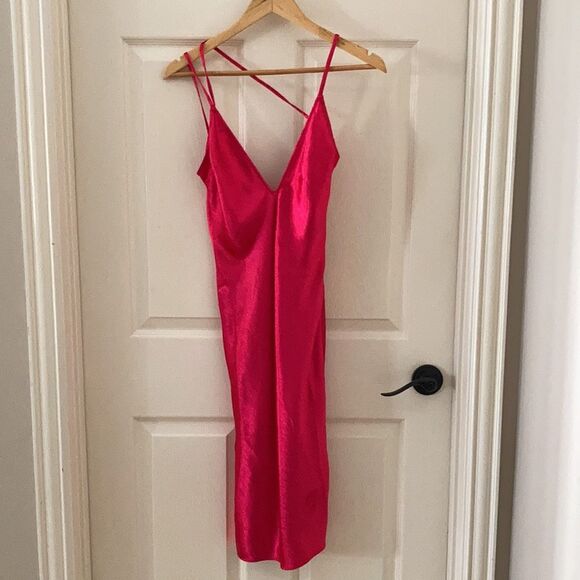 NEW Express Barbiecore Hot Pink Silky Deep V Neck Midi Satin Dress Gown 2 NWOT - Picture 10 of 11